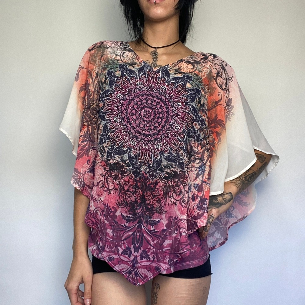 Y2K Sheer Mandala Mesh Poncho Top Rhinestone Batwing Sleeve Fairy Grunge